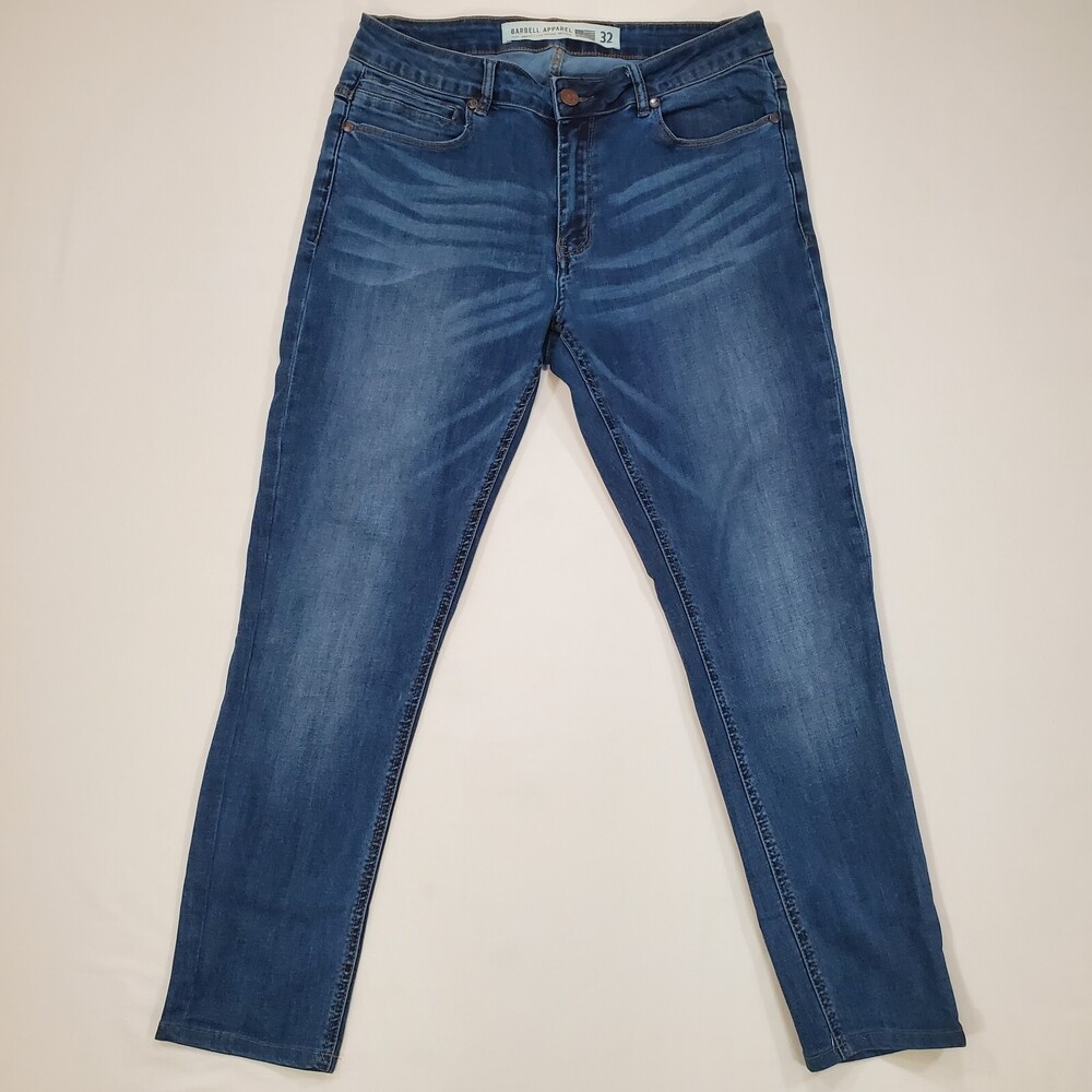 Barbell Apparel Jeans Mens 32x28 Blue Slim Athletic Fit Stretch Denim Whiskers